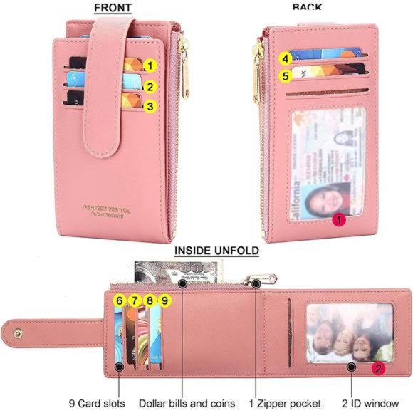 RFID Card Holder Wallet for Women Slim Wallets A-Lychee Pattern-Deep Pink - Picture 5 of 6